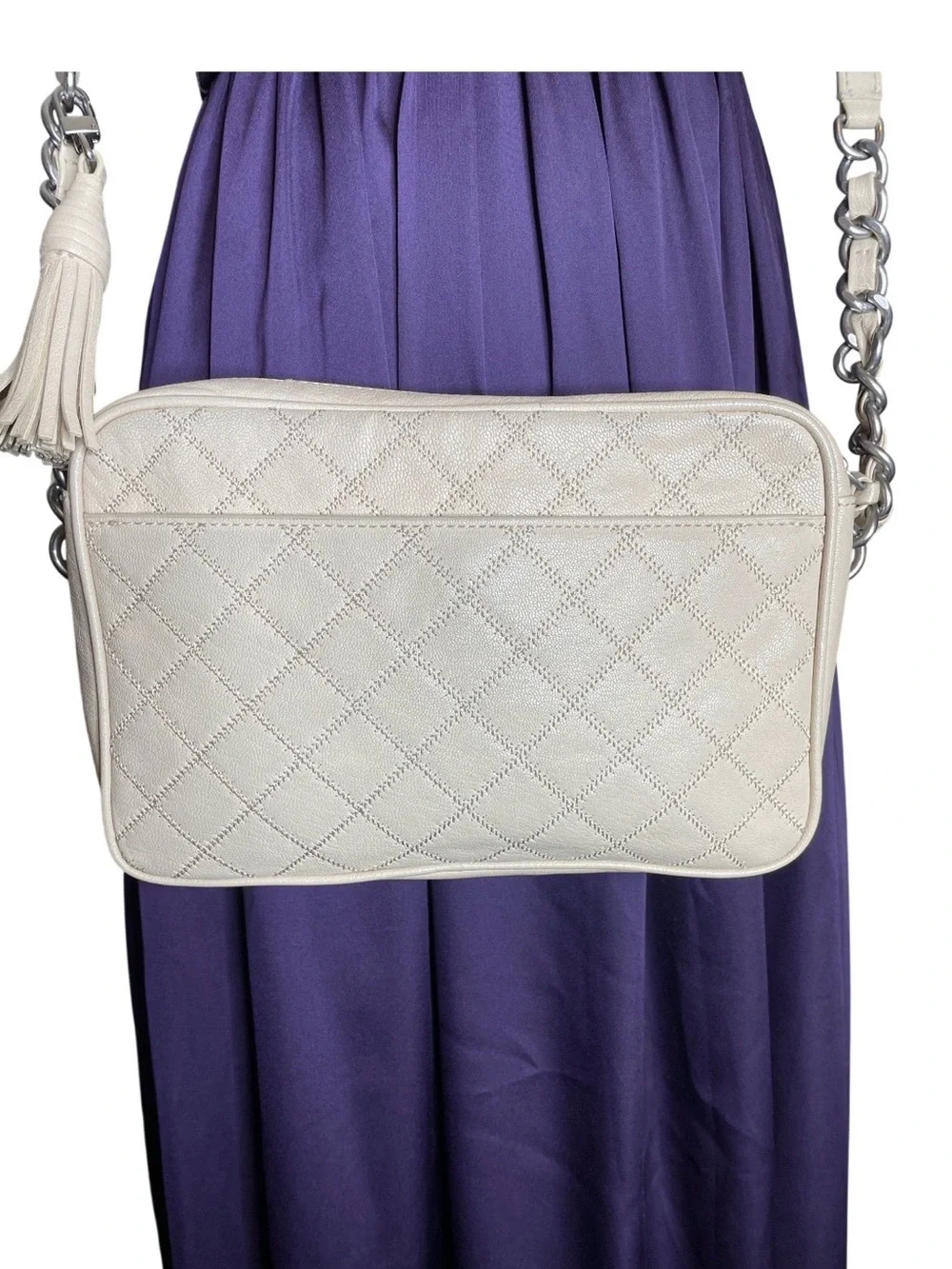 Tory Burch Fleming Camera Beige Quilted Logo Crossbody Bag